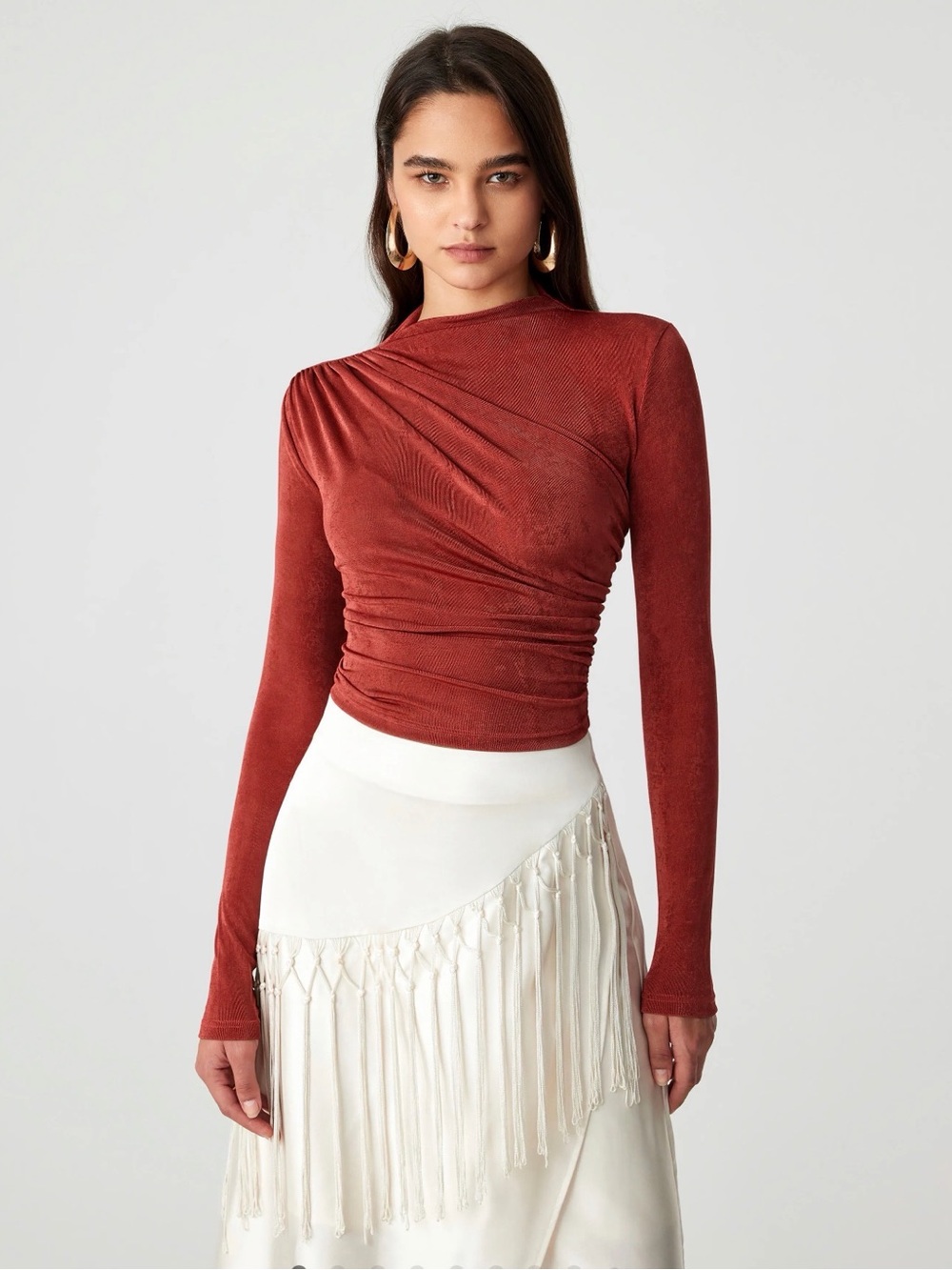 Cider Rust Ruched Mock Neck Top